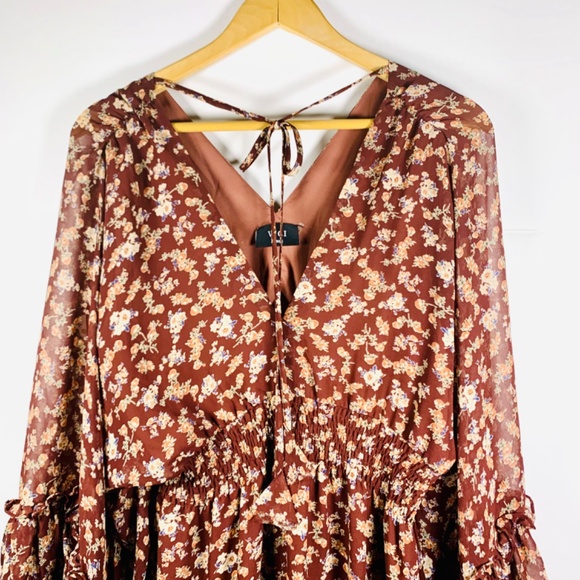Victorian boho v-neck ruffled gypsy maxi brown burgundy floral western dress - Picture 3 of 14